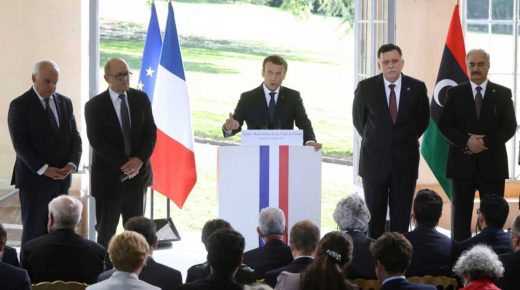 (From L) Ghassan Salame, Special Representative to the Secretary General of the United Nations for Libya, French Foreign Affairs Minister Jean-Yves Le Drian, French President Emmanuel Macron, Libyan Prime Minister Fayez al-Sarraj and General Khalifa Haftar, commander in the Libyan National Army (LNA) give a press conference after talks aimed at easing tensions in Libya, in La Celle-Saint-Cloud, near Paris, on July 25, 2017. - The two main rivals in conflict-ridden Libya are committed to a ceasefire and holding elections "as soon as possible", according to a draft statement released ahead of French-brokered talks today. The communique says Libya's UN-backed Prime Minister Fayez al-Sarraj and Khalifa Haftar, the military commander who controls the remote east of the vast country, accept that only a political solution can end the crisis. (Photo by JACQUES DEMARTHON / AFP)